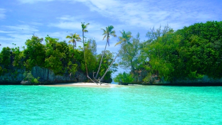 Little Beach, Palau Island - palm trees, beach, trees, white sand, paradise, water, tropical, summer, nature, turquoise sea, beautiful, island, rock