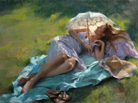 Summer in the Park - painting, women, portrait, artistic