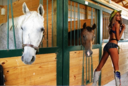 Cowgirl with a six gun - horses, barn, cowgirl, country