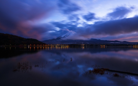 Mt. Fuji - nature, lake, japan, mountain, clouds, night, fuji, scenery