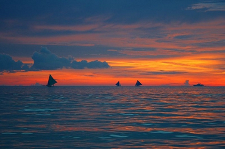 Orange sky over the sea - sky, ocean, sailboats, water, sunset, nature, blue, orange, sea