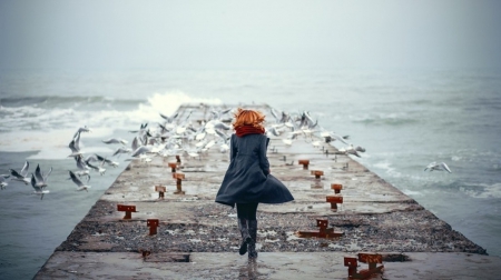 :) - seagulls, lady, sea, birds