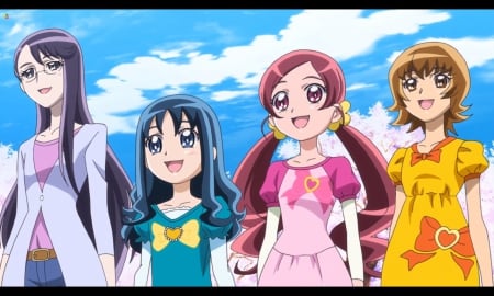 PreCure - pretty, twin tail, female, scene, happy, blue hair, nice, purple hair, beauty, cg, cute, anime, kawaii, twintail, team, long hair, group, short hair, hd, smiling, pink hair, sky, twin tails, anime girl, twintails, beautiful, girl, lovely, brown hair, sweet, pretty cure, smile, precure, magical girl, cloud, adorable