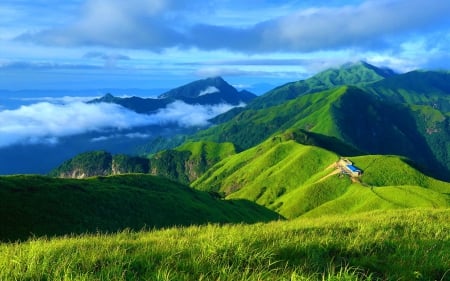 Beautiful View - sky, mountain, clouds, scenery, green, grass