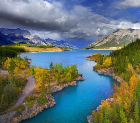 Abraham Lake in the Summer - clouds, trees, nature, summer, landscape, lake, mountains, sky