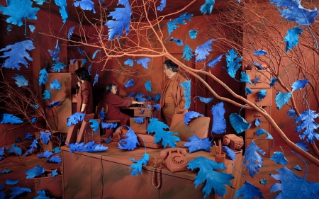 Obsessions - autumn, obsessions, room, leaf, creative, situation, blue, man, orange, sandy skoglund