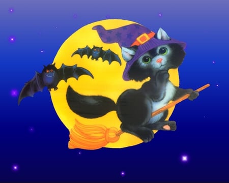 Black Cat Wizard - black cat, hallowween, night sky, bats, full moon, broom, wizard