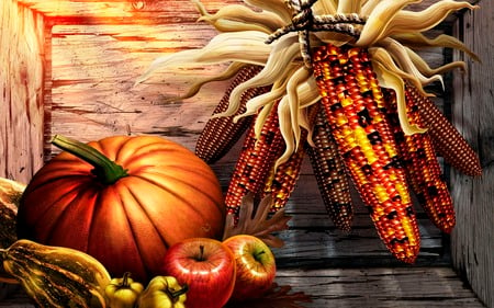 Harvest Foods - autumn, pumpkin, thanksgiving, fall, harvest, corn, orange, green, holiday, apple, fruits, wooden crate, corn cobs, apples, aples, abstract, red, maize, grapes, seasonal