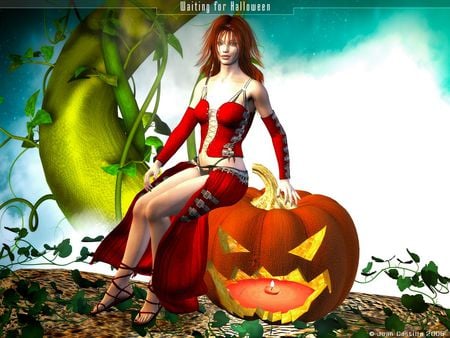 Waiting for Halloween - halloween, pumpkin face, lady, night, bean stalk