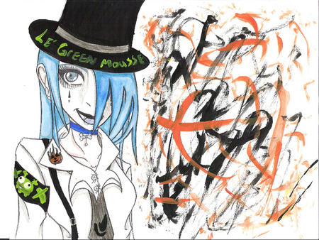 Le Green Mousse - graffiti, witches hat, blue punk hair, girl