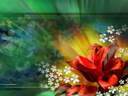 Beautiful Blooms - 3d, fantasy, red white flowers