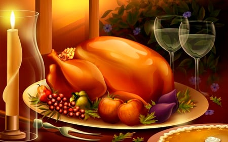 Turkey Dinner - platter, roast turkey, fruit, wine glasses, dinner table, candlelight