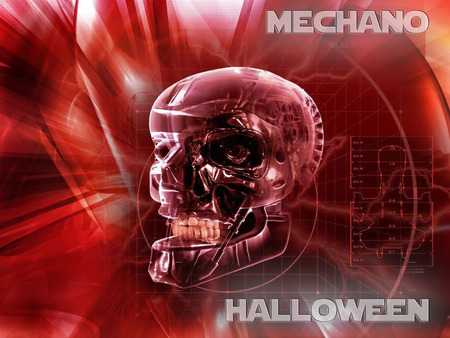 Mechano Halloween - mechanical, red, grids, eye, teeth, skull