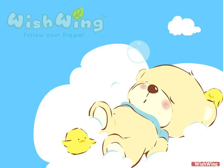 Fast asleep....shhhh - sleeping, yellow bird, teddy bear, clouds