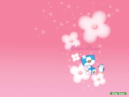 Blue Bear - penguin, blue bear, flowers, soft pink