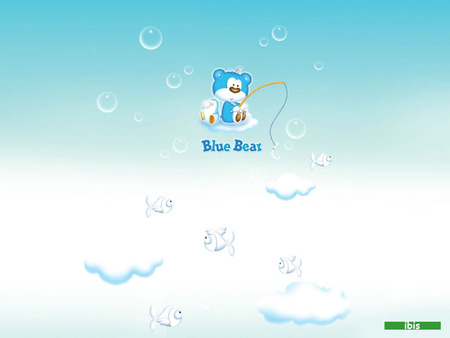 Blue Bear Fishing - clouds, fishing pole, bubbles, blue bear, fish, penguin