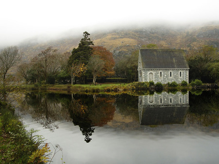 Gougane Barra of Ireland - tranquil, lake, old church building, forest