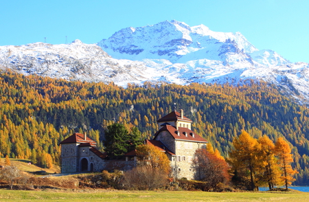 Castle,Mountains and Autumn - snow, blue sky, lake, mountains, switzerland, foliage, castle