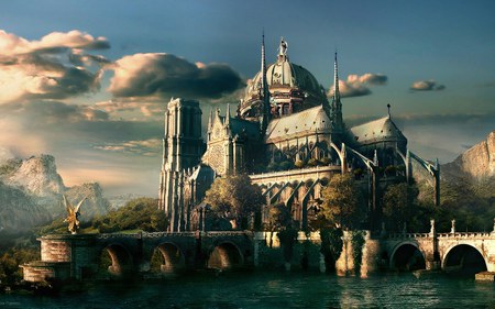 castle on the water - fantasy, water, castle