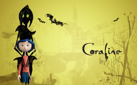 Coraline - bat, yellow, girl, silhouette, magical, cat, bats, animated, henry selick, picture, cute, 3d, nice, adventure, other