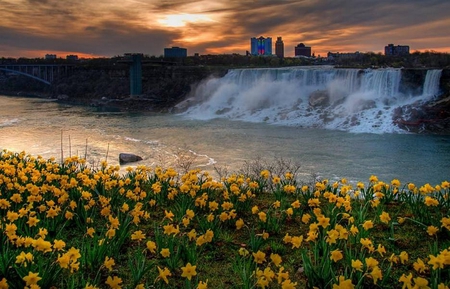 NATURE'S WONDER - stone, waterfalls, flow, rock, buildings, flowers, sunset, lights, sky, bridge