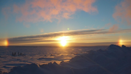 arctic landscape at sunrise - horizon, plains, drifts, sunrise, snow