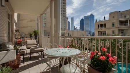 lovely city view balcony - view, balcony, city, chairs, flowers