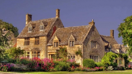 beautiful cotswold manor in england hdr - sky, manor, flowers, hdr, grass