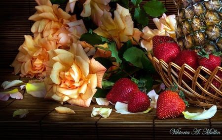 Roses - flowers, basket, still life, arrangement, strawberries, pineapple