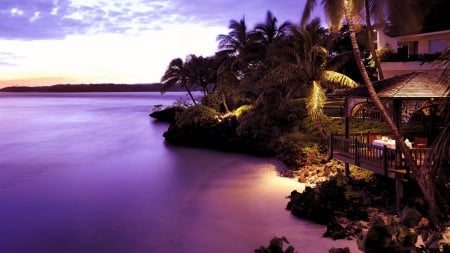 table for two on a seaside fiji veranda - veranda, trees, table, sea, resort, dusk, coast