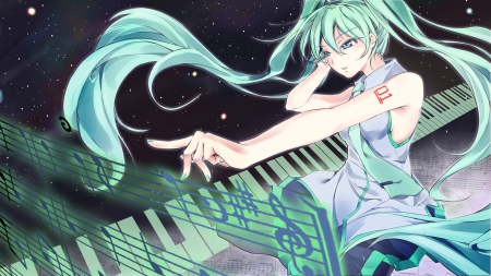 Hatsune Miku - pretty, anime, vocaloid, twin tail, female, miku hatsune, twintail, keyboards, maiden, hatsune miku, green hair, long hair, music, superstar, nice, notes, idol, twin tails, anime girl, twintails, beautiful, singer, girl, beauty, lovely, sweet, lady, miku, diva, hatsune, vocaloids