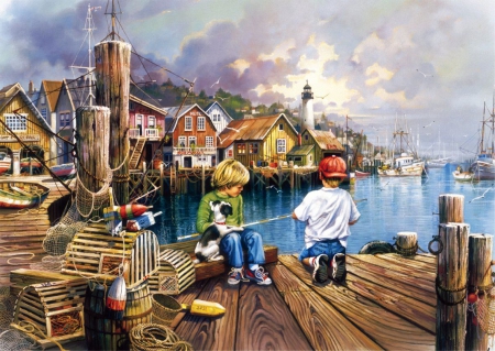 Gone Fishing - lighthouse, houses, pier, children, artwork, ships, harbor