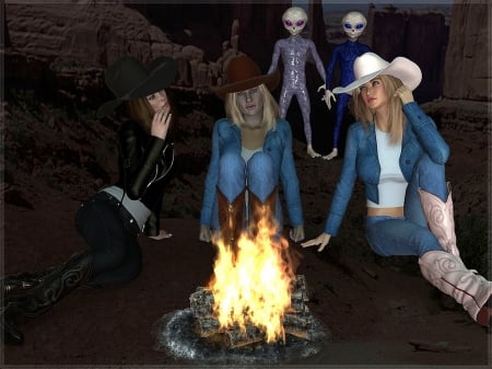 Cowgirls Attract All Kinds - girls, western, women, aliens, animation, hats, cowgirls, games, fantasy, fun, female