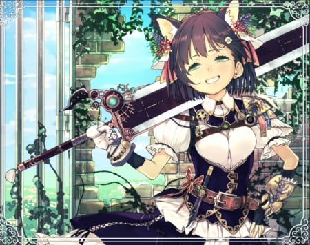 Neko girl - sword, black, happy, neko, beautiful, shirt, girl, white, fantasy, lady, gloves, armor, green hair, cat ears, woman, red, pretty, short hair, beauty, anime, blue, art, skirt, lovely, smile, female