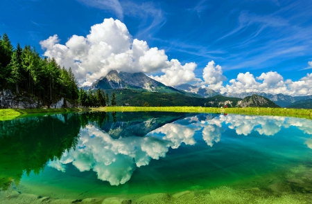 Alpine Lake - clouds, Germany, blue, beautiful, forest, reflection, crystal clear water, white, nature, Bavaria, green, lake, mountains