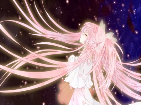 Praying - pretty, praying, anime, beautiful, dress, girl, beauty, long hair, space, white