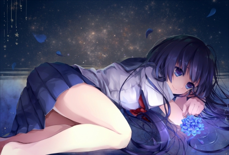 Cang Flower - pretty, anime, female, blossom, maiden, gloomy, long hair, emotional, gloom, sad, blue hair, sorrow, nice, miniskirt, blue eyes, lotus, anime girl, laying, skirt, girl, lovely, sweet, flower, lady, lay