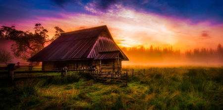 Cabin In The Mist - clouds, trees, fog, cabin, beautiful, grass, colors, fence, sunset, nature, field, sky