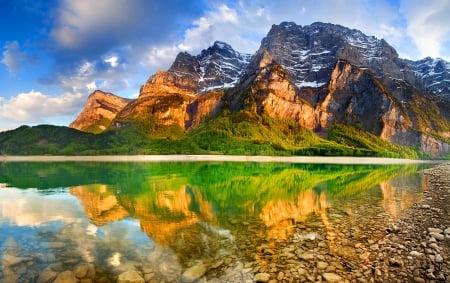 Klontalersee Alpine Lake - forest, mountains, crystal clear water, beautiful, switzerland, lake, snowy peaks, reflection, clouds, nature