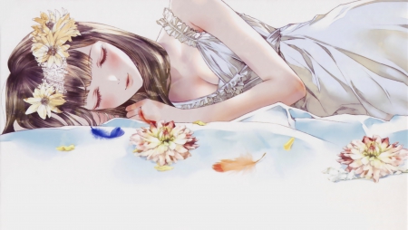 Dreaming - sleeping, nice, beauty, female, sundress, anime girl, brown hair, pretty, pletals, anime, maiden, dreaming, lady, girl, long hair, dream, lovely, sleep, floral, beautiful, blossom, sweet, dress, flower