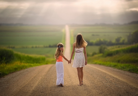 â™¥ - beauty, sky, girl, sun, sunset, path, road, nature, beautiful, clouds, splendor, sunrays