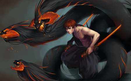 Training with the dragons - digital, black, art, fantasy, orange, dragon, guy, boy, man