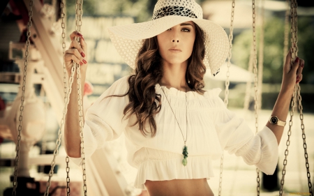 beauty in white - white, pose, hat, model