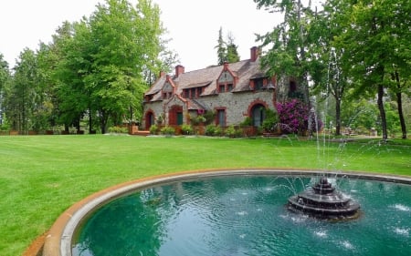 Beautiful park - pretty, house, trees, fountain, summer, beautiful, grass, countryside, nature, garden, peaceful, cottage, park