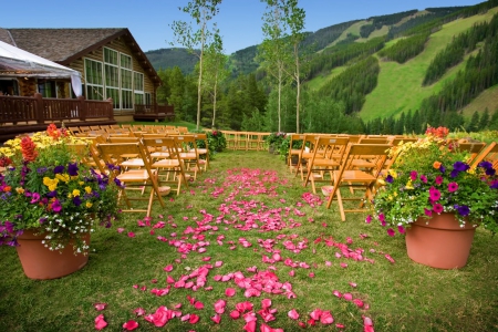 Wedding place - mountain, fragrance, roses, summer, chairs, weddind, lovel, pretty, petals, beautiful, leaves, scent, flowers, grass, bridge