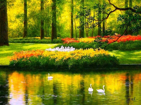 Lovely colorful park - swan, lake, animals, park, colorful, nature, pretty, mirror, beautiful, tree, color, flower