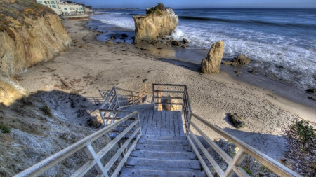 stairway to a secluded beach hdr - stairs, surf, beach, hdr, waves, sea, rocks