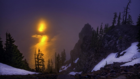 reflection of a sunset on crater lake - lake, rocks, winter, reflection, sunset, shore