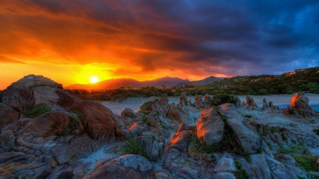 superb sunset over rocky shore hdr - clouds, sunset, hdr, shore, rocks