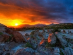 superb sunset over rocky shore hdr